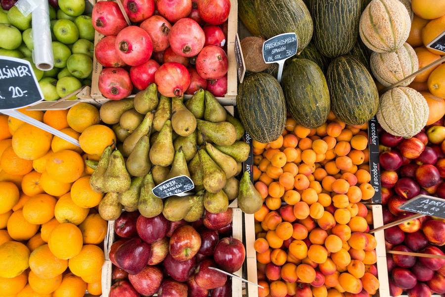 Overhead view of a fresh produce market stall